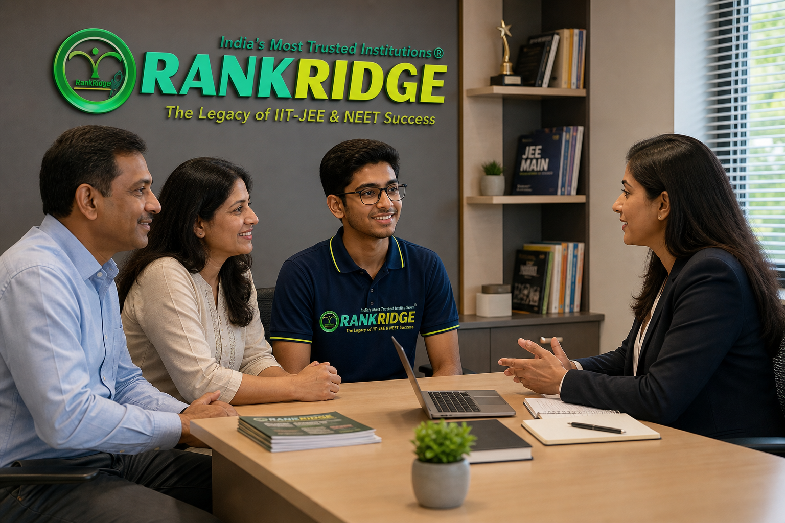 Illustrated parent and counsellor discussion about Rankridge Intermediate admission options